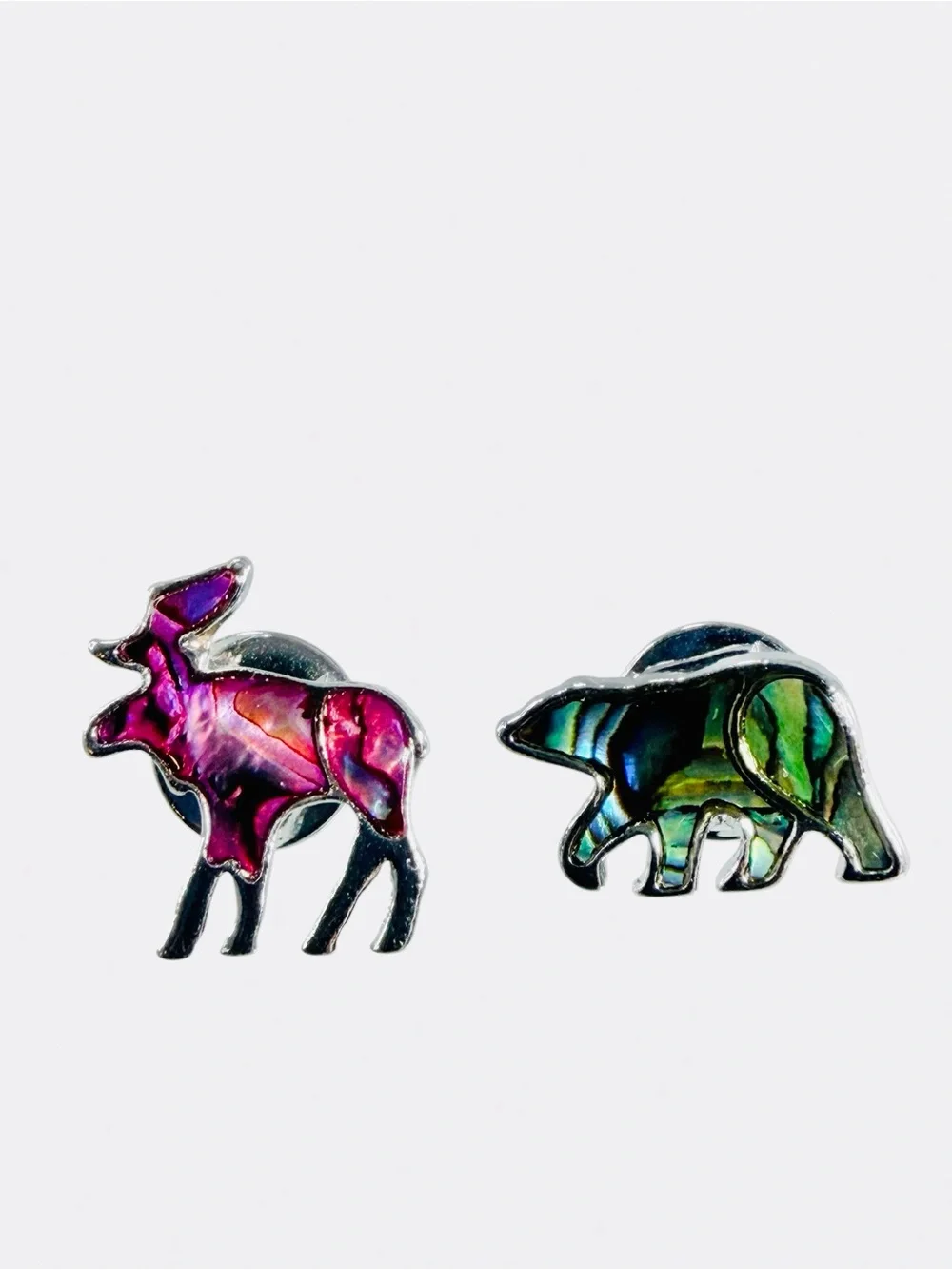 Moose Bear Pin Brooch Silver Tone Abalone Purple Green Pink Woods Camping Animal